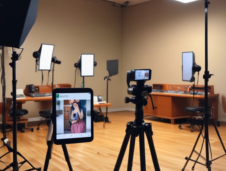 A videographer filming a dynamic promotional video in a studio.