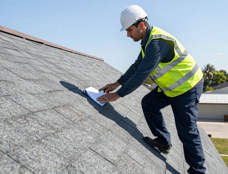 Inspector checking the roof shingles with a ladder against a blue sky.