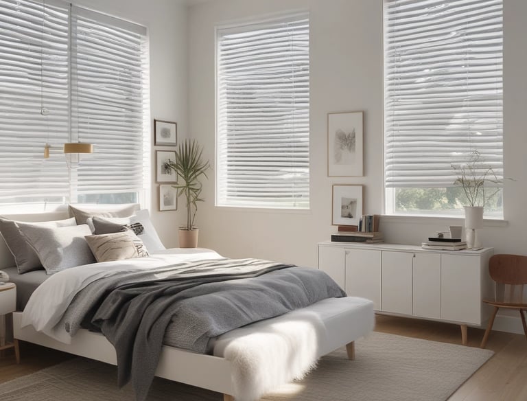 Close-up of hands measuring a window frame with a soft beige blind sample nearby.