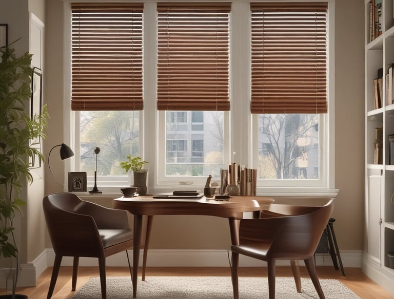 Installer gently fitting a timber venetian blind in a sunlit living room with sage green accents.