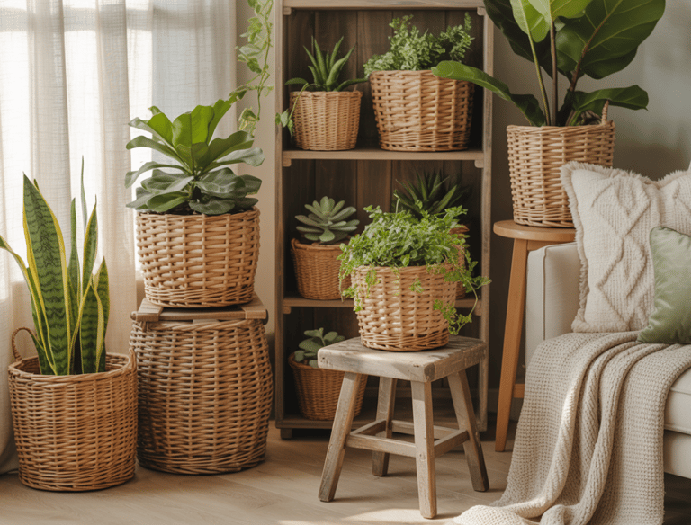 Living room corner where baskets, plants, wood, and soft textiles interact naturally, no glossy fini