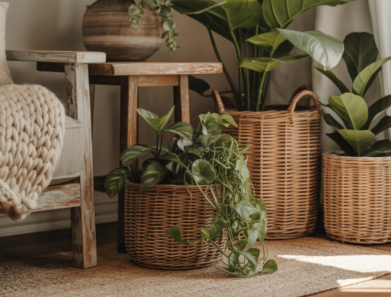 Living room corner where baskets, plants, wood, and soft textiles interact naturally, no glossy fini