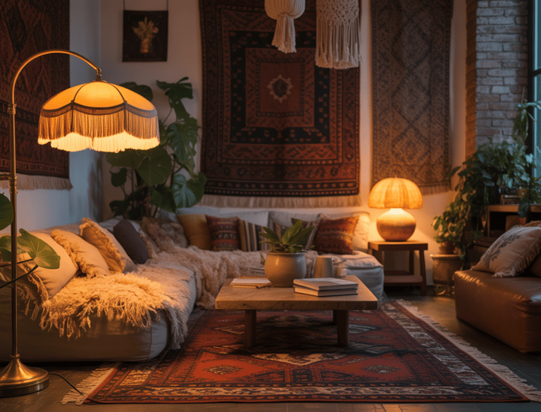 Living room showing layered lighting sources placed around seating, warm tones enhancing comfort.