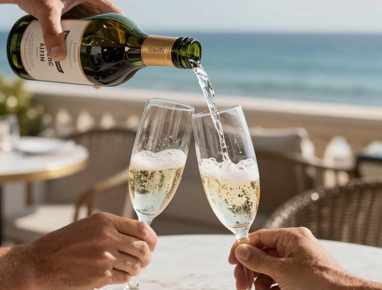 Casal aproveitando resort all inclusive com espumante à beira-mar