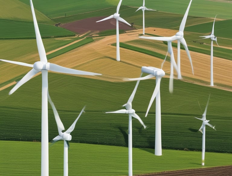 An aerial view showing wind turbines spread across farmland.