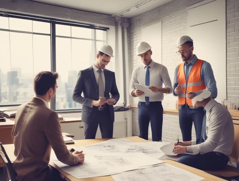 Construction workers collaborating on a building site.
