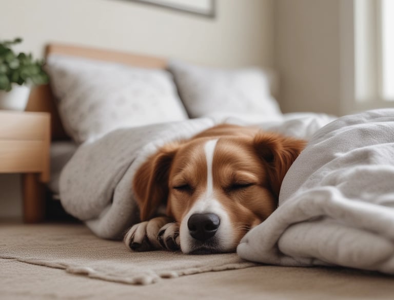 Two dogs resting comfortably on soft bedding in a calm, cage-free room.
