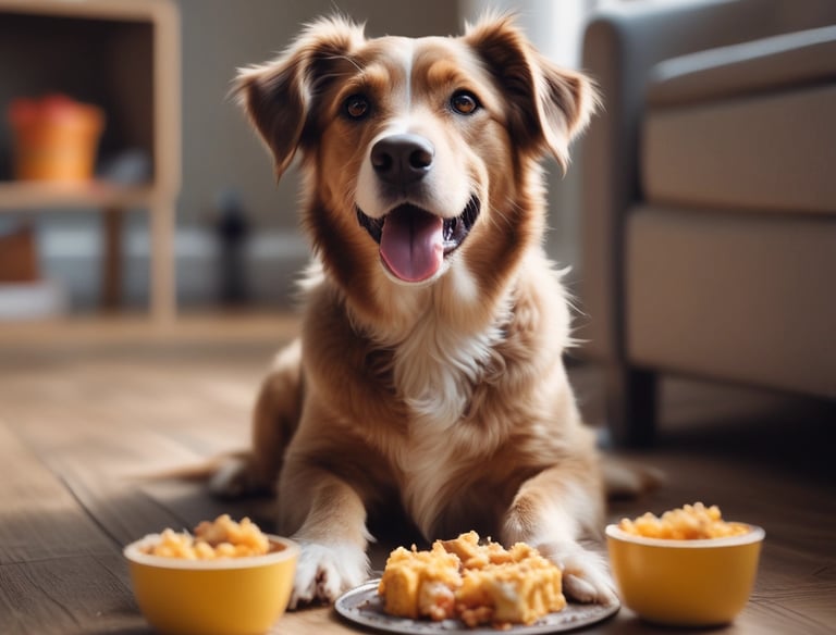 Two dogs resting comfortably on soft bedding in a calm, cage-free room.