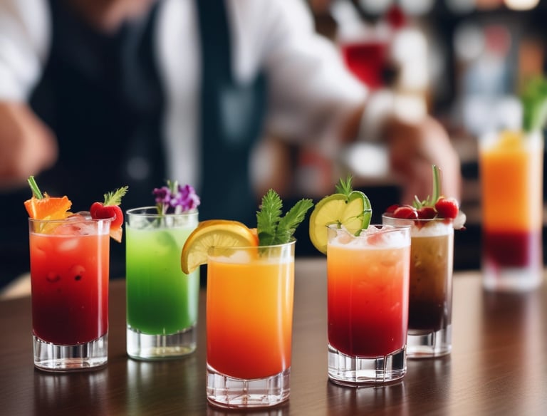Festive cantina scene with two bartenders mixing colorful cocktails for a lively crowd.