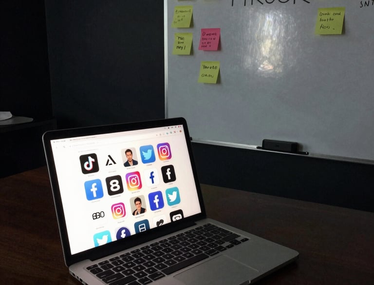 Social media stratedgy on a white board in a dark room 