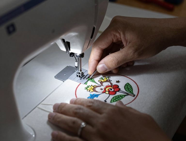 A father and son sewing a quilt side by side, smiling and focused.