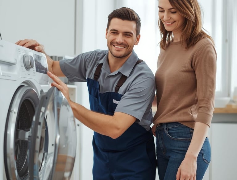 Técnico Consertando Máquina de Lavar em BH com a cliente ao lado.