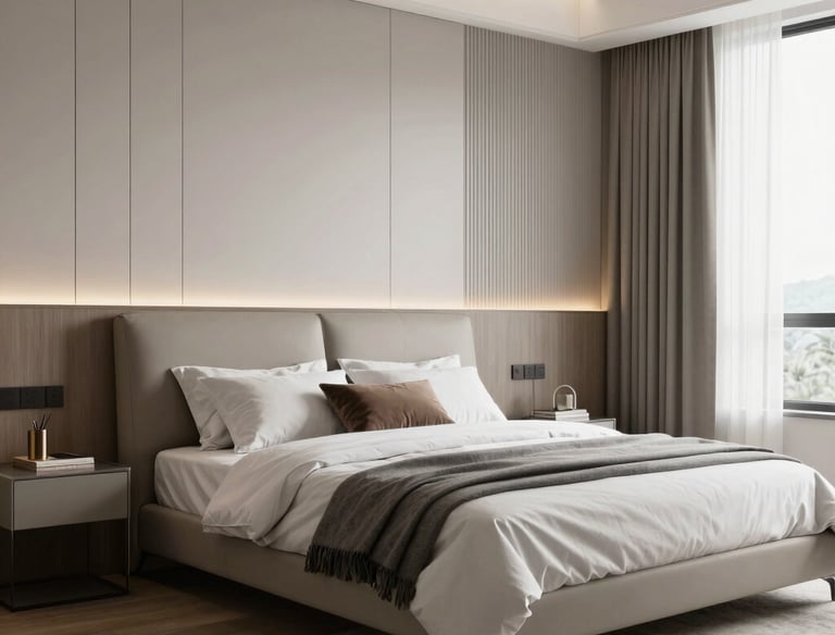 Cozy bedroom with warm lighting and plush bedding.