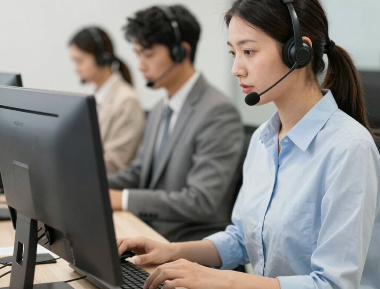 Happy business team collaborating over digital devices in a bright office.