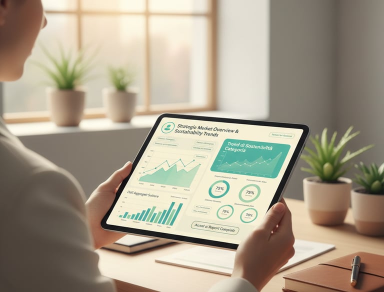 Dettaglio di una donna che consulta un report aziendale su un tablet.