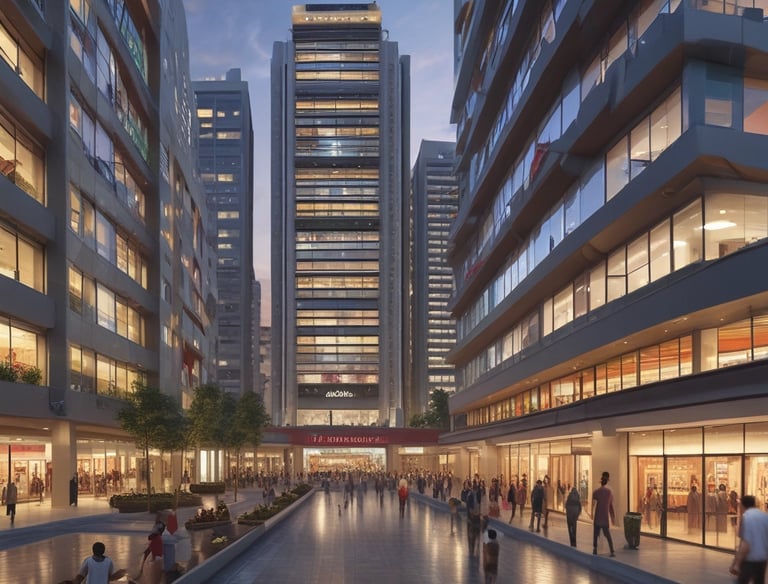 A commercial building with glass facade and signage space in a busy street.