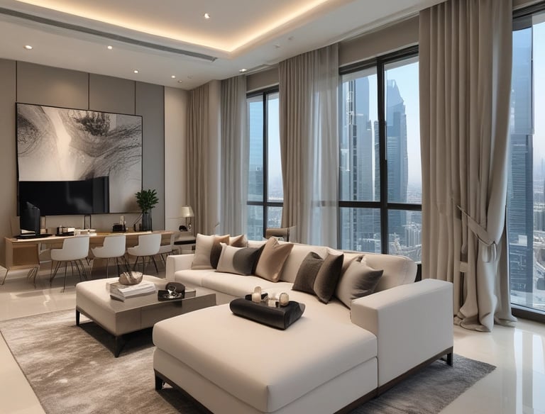 A high-rise apartment building with balconies overlooking a bustling cityscape at sunset.