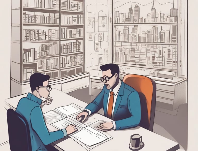 A law firm sketch showing two lawyers in suits reviewing legal documents in a high-rise office.