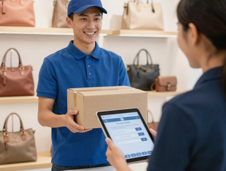Courier delivering a package to a happy customer on a tablet screen for an e-commerce handbag store.