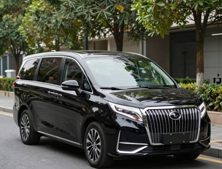 A luxury car driving through Boston city streets with a Chinese family inside