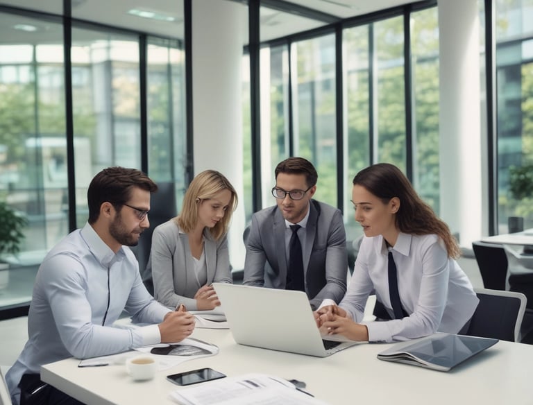 A professional team discussing strategy around a modern conference table.