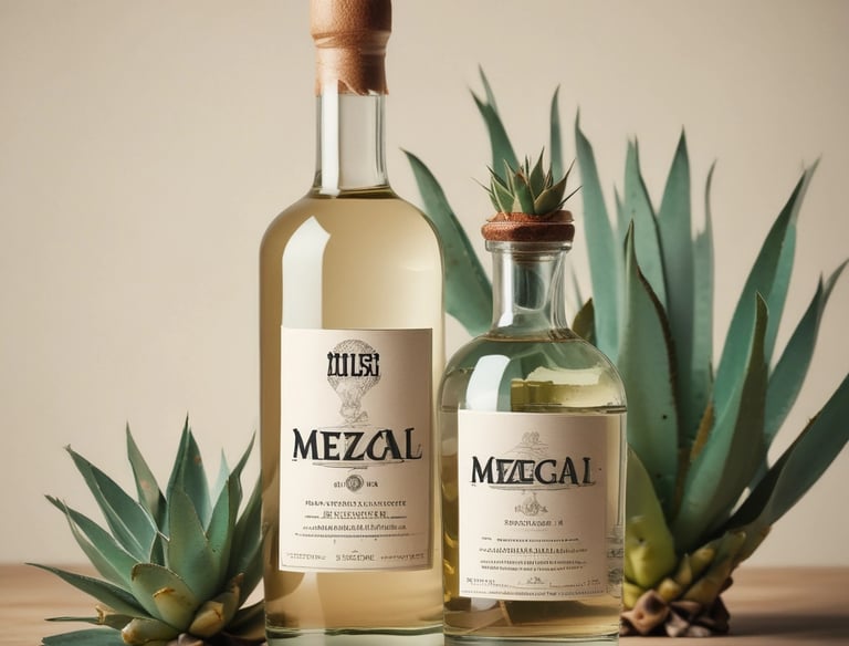 Close-up of traditional mezcal bottles with denomination of origin labels.