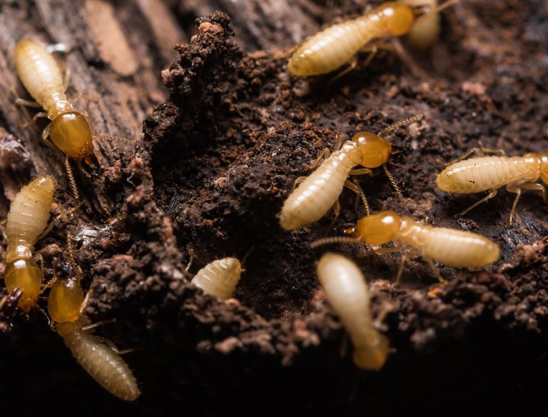 Subterranean worker termites crawling on damaged decaying wood and soil in a close-up pest infestation view.