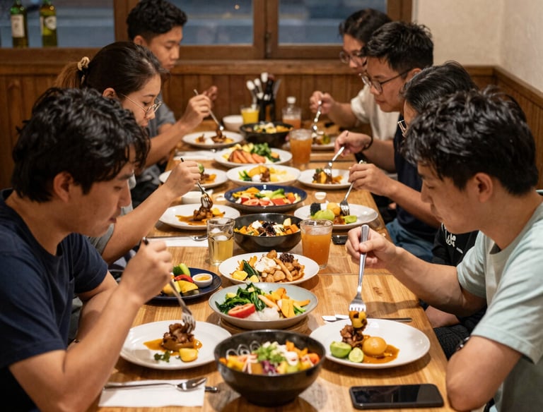 Cozy restaurant interior showing families enjoying meals and warm lighting.