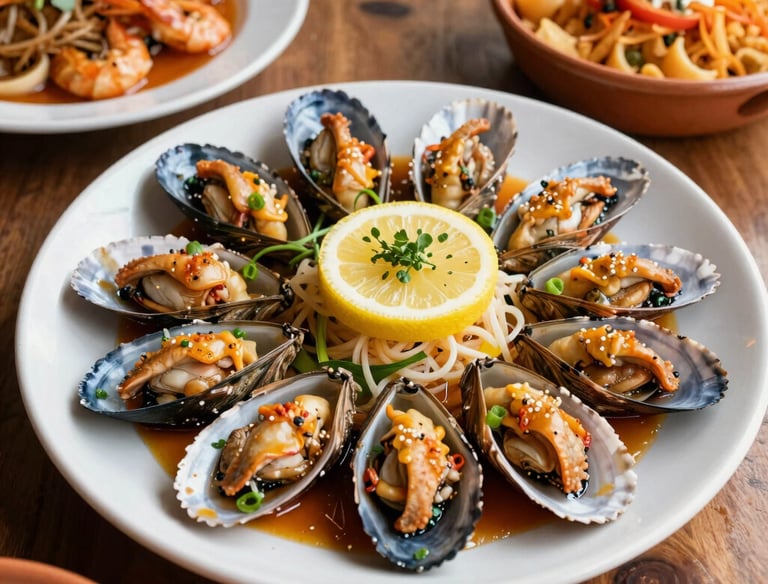 Fresh seafood platter with shrimp, octopus, and fish served on a rustic wooden table.