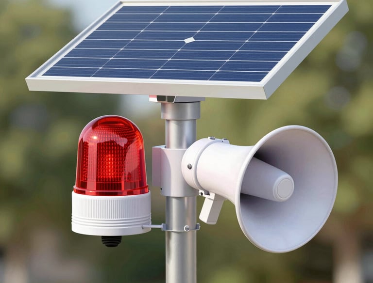 A modern community security alarm siren with a flashing red light installed on a street pole, houses