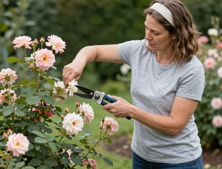 Lady pruning rose bush