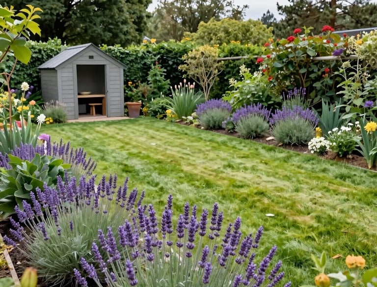 Garden lawn surrounded by borders filled with plants