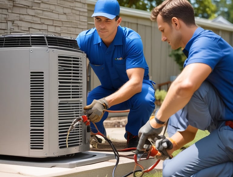 Technician repairing a residential air conditioning unit on a sunny day.