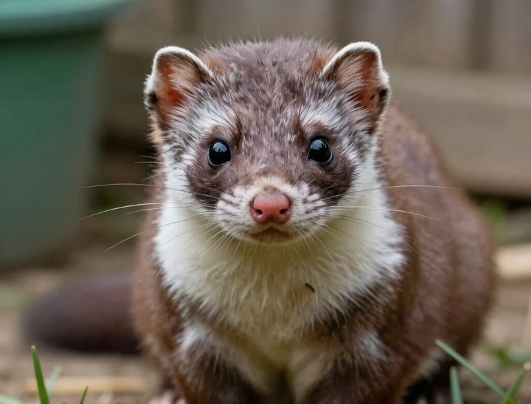 Close-up of a rat in a woodland edge near farm buildings.