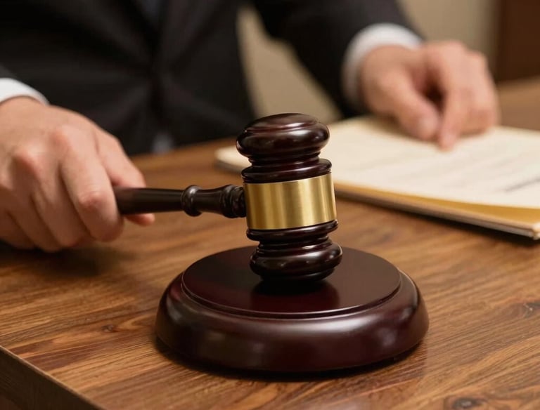A professional lawyer reviewing legal documents in a modern office.