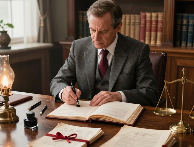 Law books and a gavel resting on a polished dark wood table.