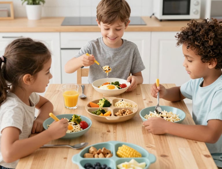 Healthy adapted meal served on a bright, child-friendly plate.