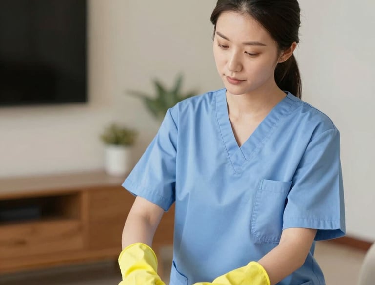 A caregiver assisting a senior with light house chores in a sunlit kitchen.