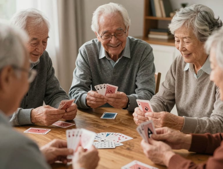 A warm scene of a caregiver sharing a laugh with an elderly woman in a cozy living room.