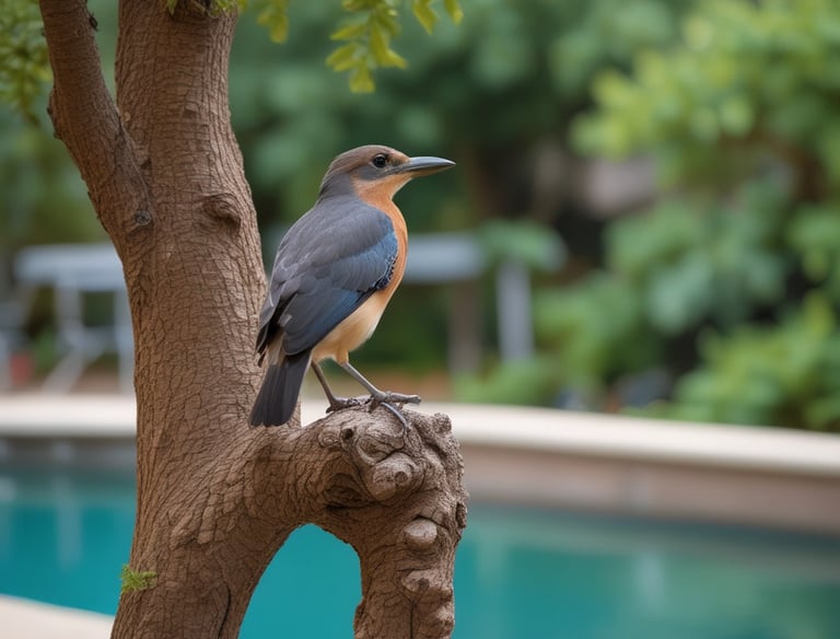 Two small, triangular wooden cabins are situated on a grassy field, with visible patches of wear and repair on their roofs. The cabins are elevated slightly above the ground and surrounded by a scenic backdrop of dense forest trees. Sunlight filters through the area, creating a serene and tranquil atmosphere.