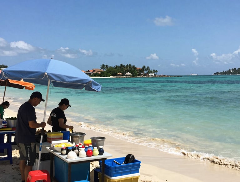 Colorful, artistic letters forming the word 'DOMINICA' are displayed along a seaside promenade. The letters are uniquely styled with vibrant patterns and illustrations, showcasing various elements of Dominican culture and nature. In the background, the ocean extends to the horizon under a partly cloudy sky, with lush green hills visible on the left side.