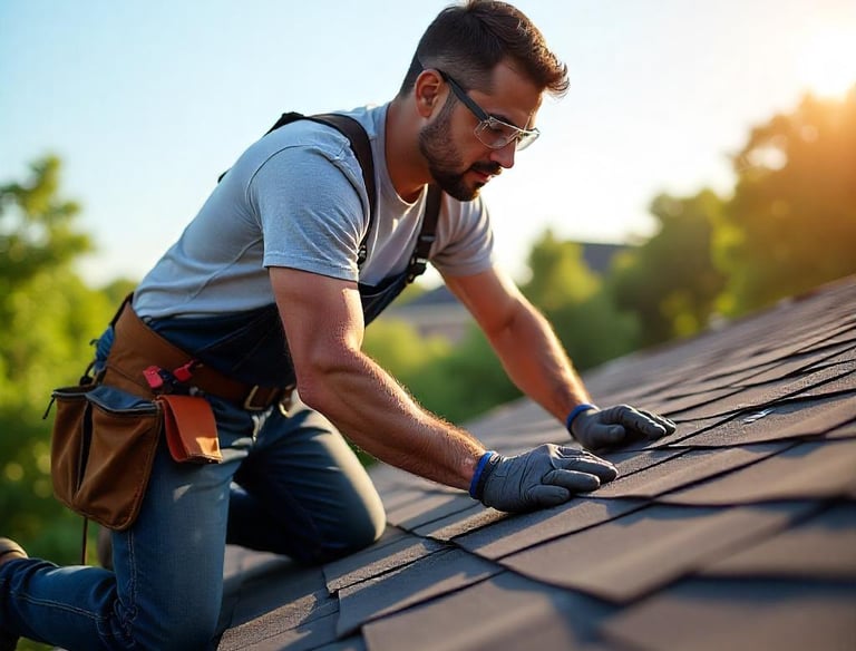 Professional roof inspection in NJ with technician checking shingles and flashing