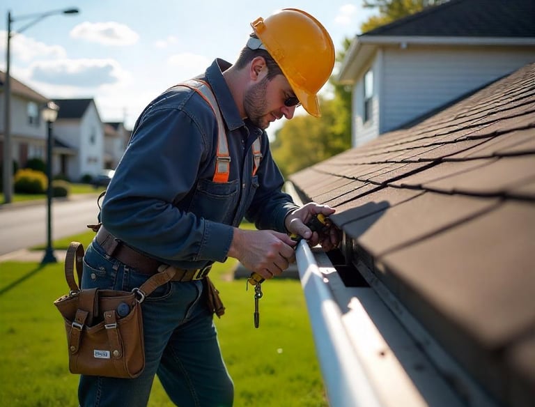 Technician repairing roof shingles after storm damage on a two-story suburban house