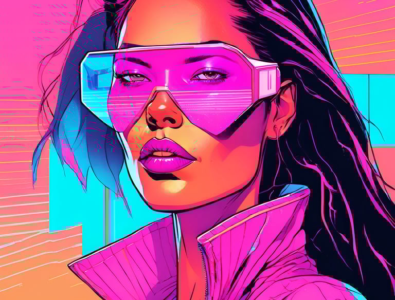 a futuristic brunette woman with pink aviators
