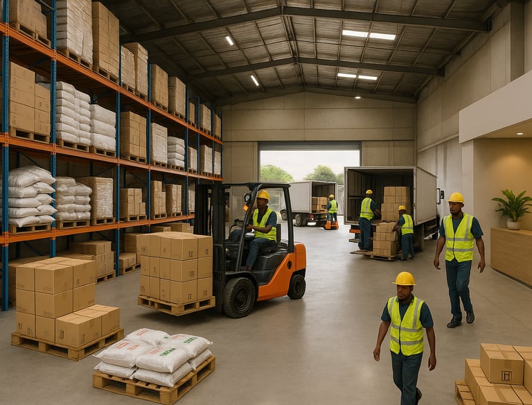 a group of workers in a warehouse with pallets