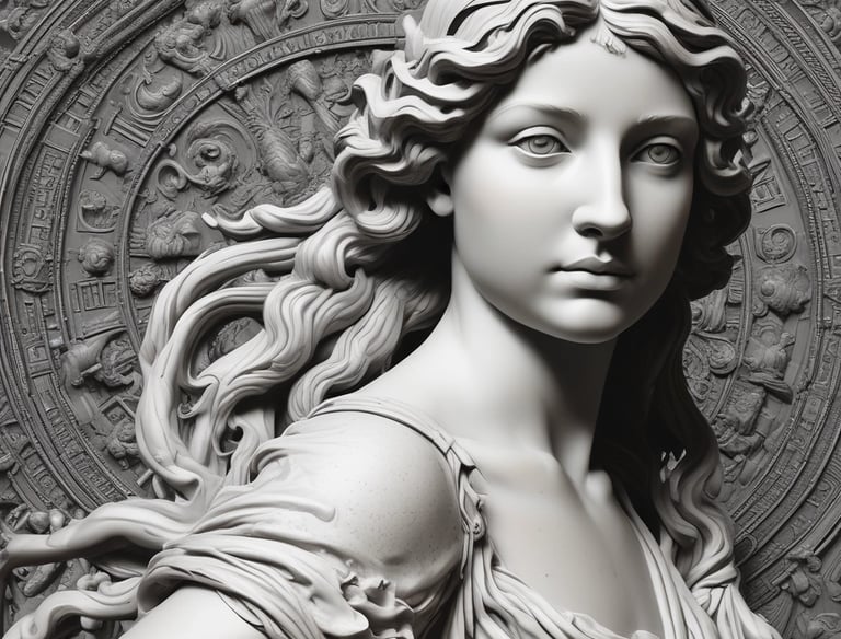 A close-up of a bronze statue depicting a muscular figure with a determined and intense expression. The focus is on the figure's face and shoulders, highlighting the smooth, darkened patina of the metal and the intricate details of the facial features.