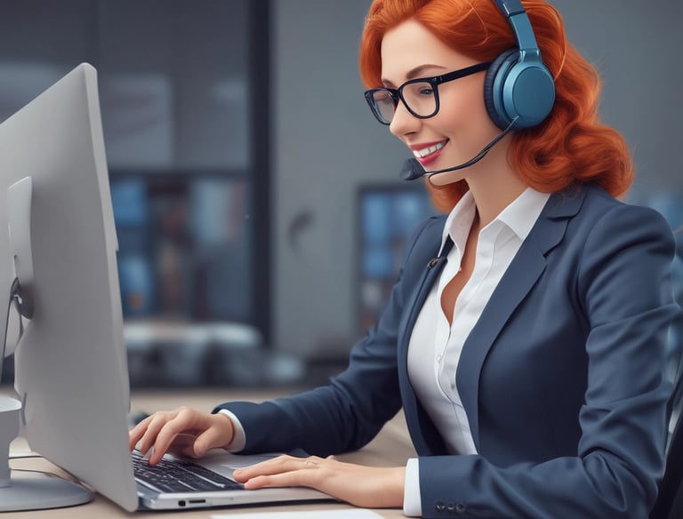 A friendly customer service representative assisting a client over the phone.