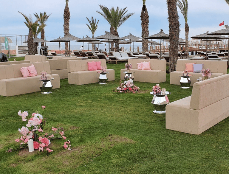 Outdoor lounge setup for private event with decoration in Bodrum