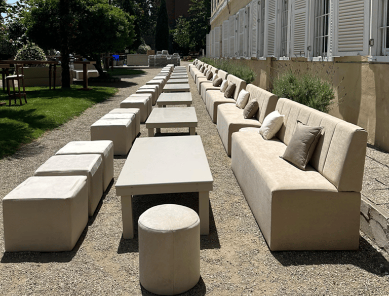 Event seating arrangement and lounge furniture setup for private event in Bodrum