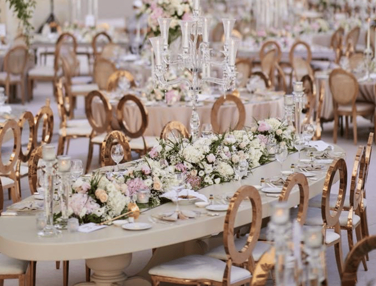 Elegant wedding table styling with floral arrangements and luxury decor in Bodrum